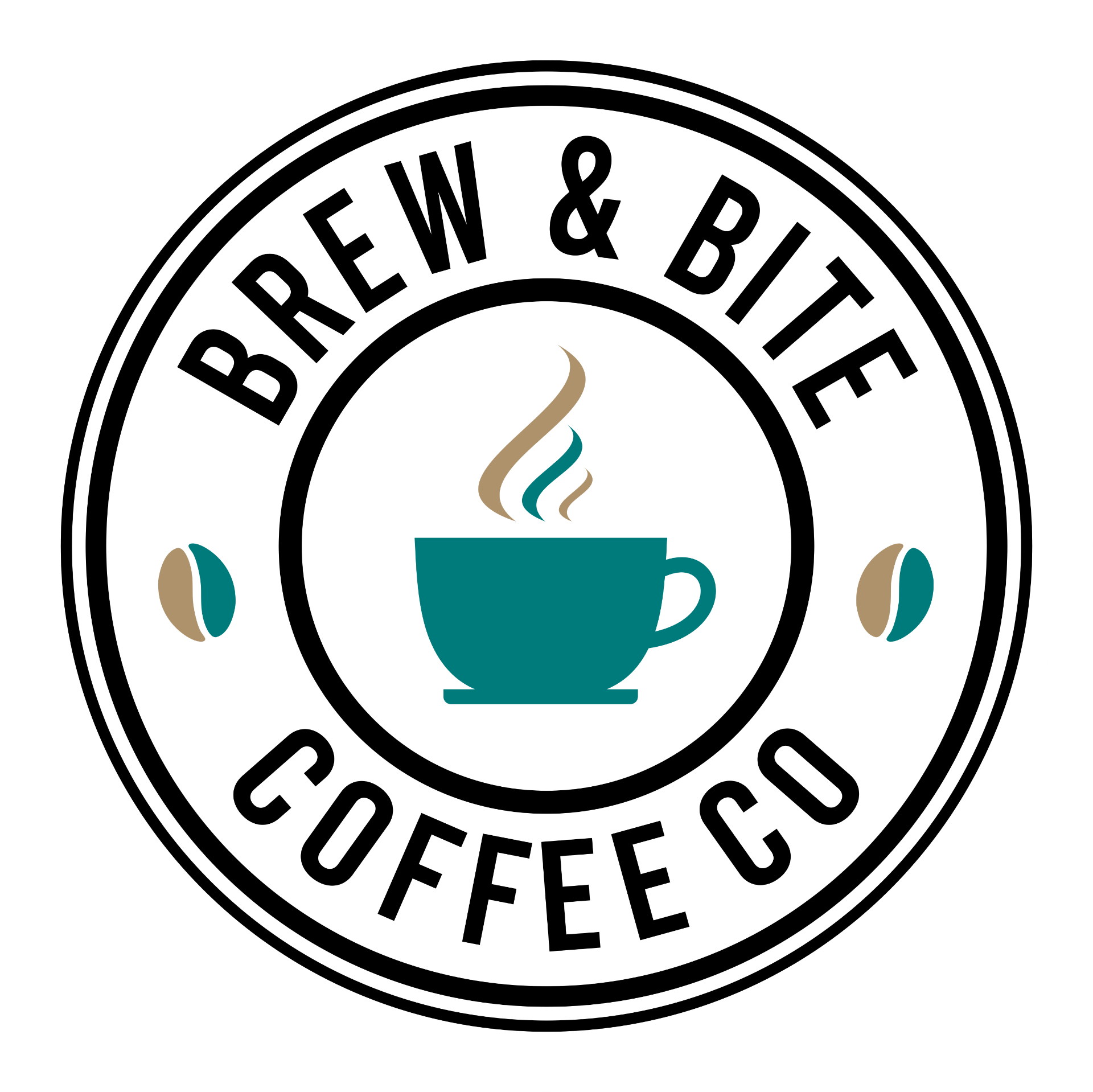 Brew & Bite Coffee Co. circular logo featuring teal coffee cup with steam and coffee beans, mobile coffee service South Wales